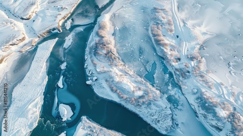 An aerial view of an iceberg and river. Winter landscape from a drone. View of the moraines.