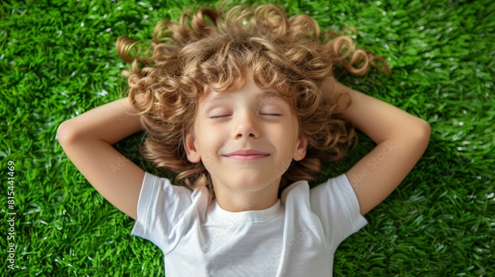 A little boy lies in the grass with his head in his hands and his eyes closed A little boy lies in the grass with his head in his hands and his eyes closed