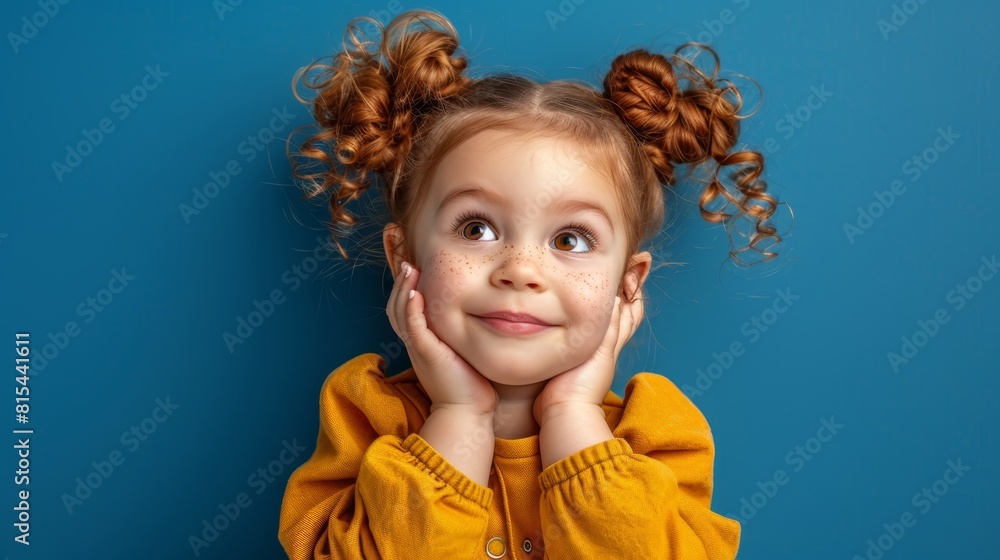 A little girl with freckles dotting her face, not her hair, poses for a picture with hands shielding it A little girl with freckles dotting her face, not her hair, poses for a picture with hands shielding it