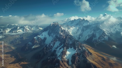Aerial view of the Andes Mountains in Argentina, featuring the rugged peaks, deep valleys, and glacial lakes, with the famous Aconcagua mountain. 