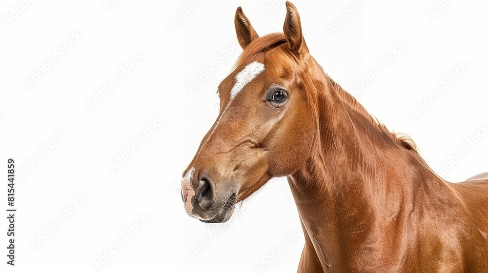 Obraz premium A tight shot of a horse with a brown body, a distinctive white stripe running down the middle of its face, and additional brown and white stripes forming its forehead