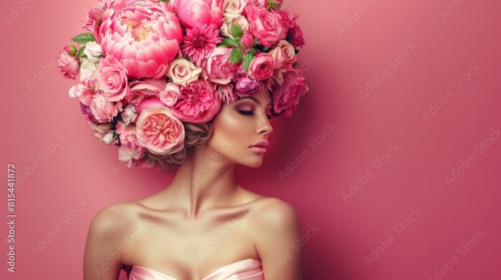  A woman adorned with a flower crown of pink blooms, her unbound hair forming a floral design mirroring it