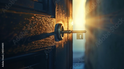A key unlocking a heavy padlock, a door creaking open to reveal a bright light