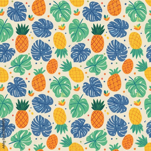 a vibrant seamless pattern with tropical fruits and leaves  including pineapples