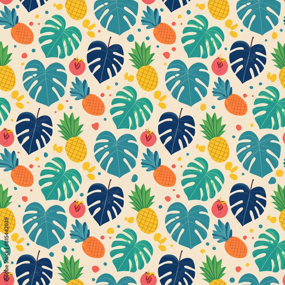 a vibrant pattern with tropical fruits and leaves, including pineapples, bananas a vibrant pattern with tropical fruits and leaves, including pineapples, bananas