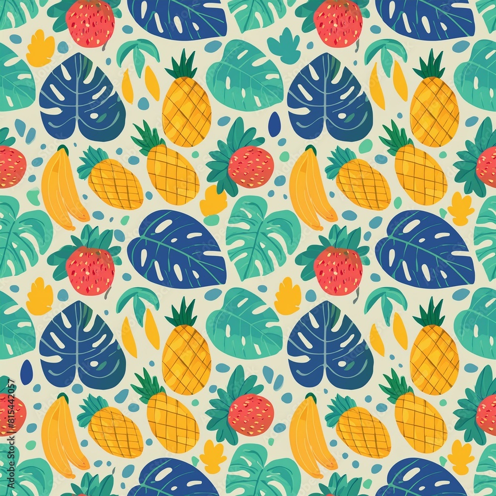 a vibrant pattern with tropical fruits and leaves, including pineapples, bananas a vibrant pattern with tropical fruits and leaves, including pineapples, bananas