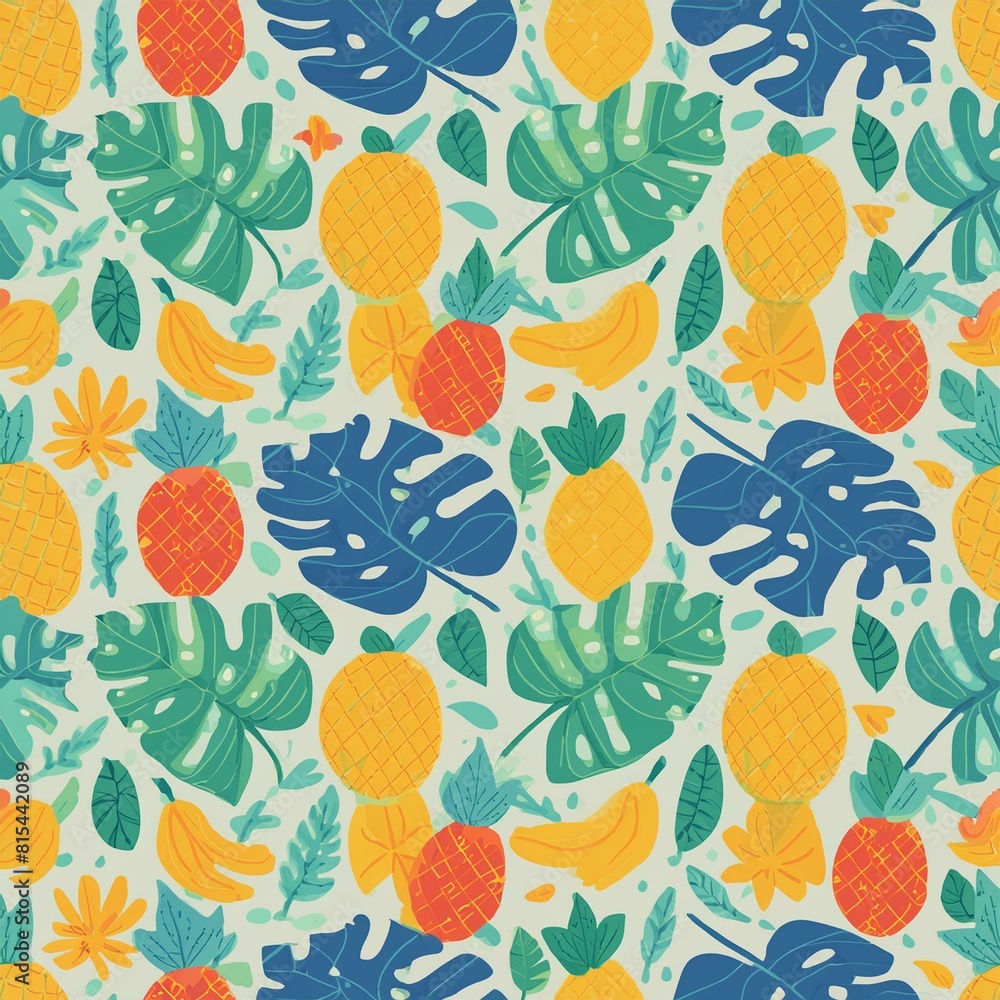 a vibrant pattern with tropical fruits and leaves, including pineapples, bananas a vibrant pattern with tropical fruits and leaves, including pineapples, bananas
