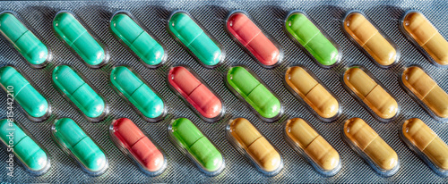 Multi-colored capsules with medicines are in one blister that fills the entire background. Medical background with medical drugs. For pharmacies, business, industry, hospitals.