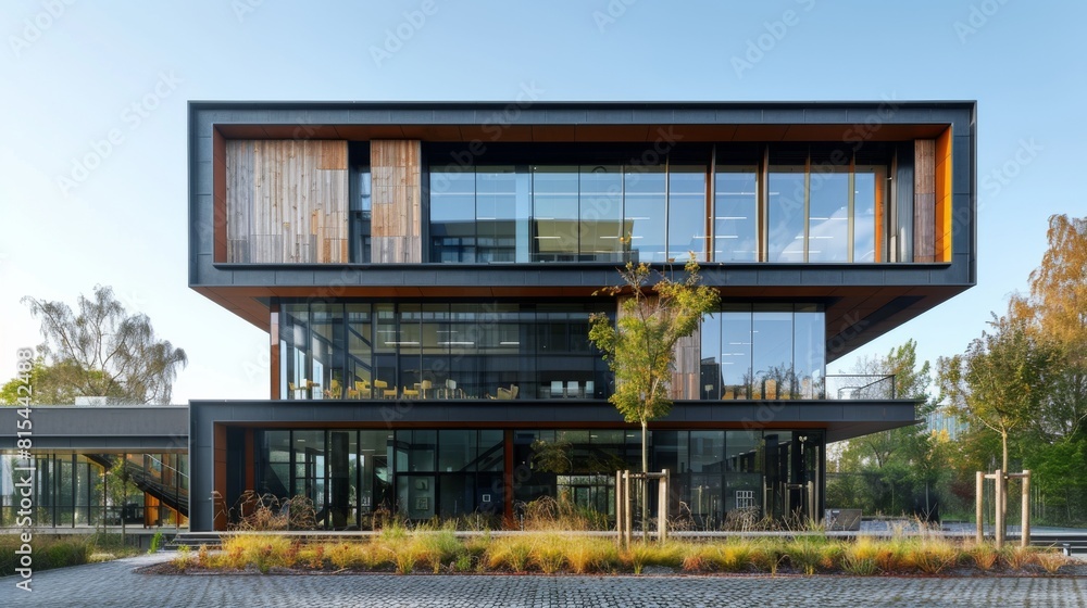 A contemporary office building with a facade made of recycled materials. A contemporary office building with a facade made of recycled materials.