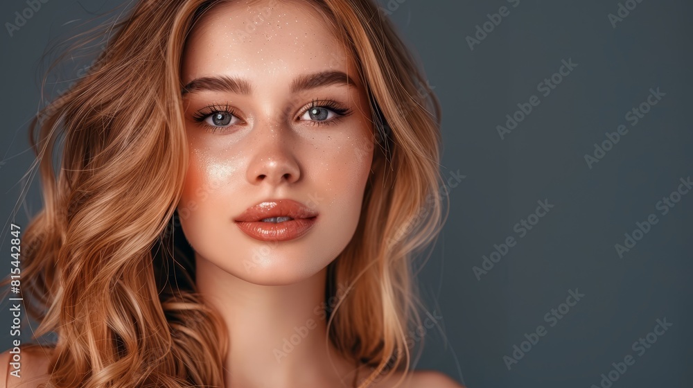 Naklejka premium A tight shot of a woman's face with long, wavy, blonde hair framing it, and blue eyeshadow accentuating her striking blue eyes