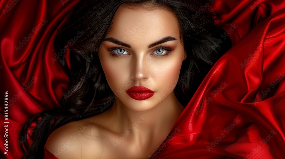 A painting of a woman in a red dress and blue eyes Her head is covered by a red satin fabric A painting of a woman in a red dress and blue eyes Her head is covered by a red satin fabric