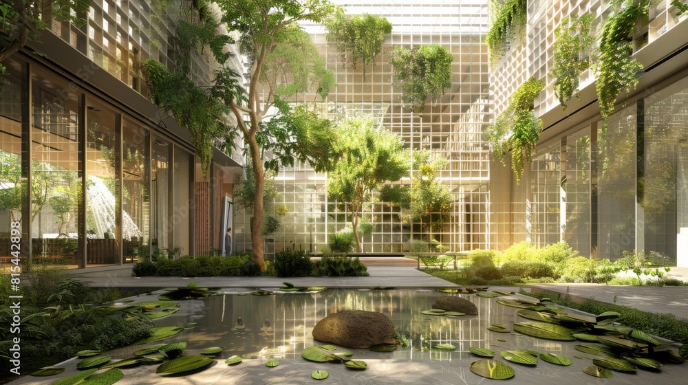 A conceptual design of an office building with a lattice structure for climbing plants. A conceptual design of an office building with a lattice structure for climbing plants.