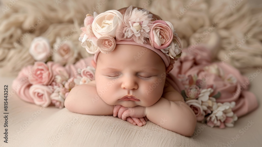 A newborn baby in a pink flower headband lies on a bed of pink and white flowers, her eyes closed A newborn baby in a pink flower headband lies on a bed of pink and white flowers, her eyes closed