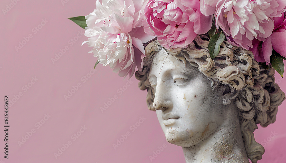 Ancient woman Statue with peonies flowers wreath Ancient woman Statue with peonies flowers wreath