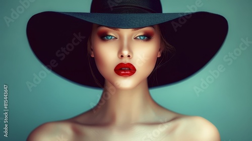  A woman dons a black hat  her lips adorned with red lipstick