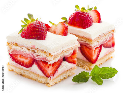 Two slices of strawberry cake with whipped cream and strawberries on top