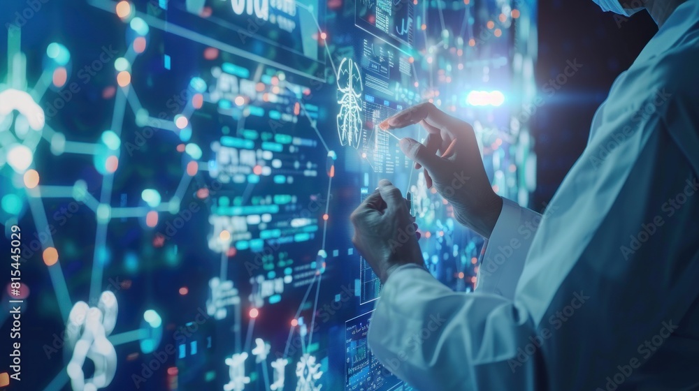 . Digital healthcare and network connection on hologram virtual screen, insurance. medical technology and network concept AI generated