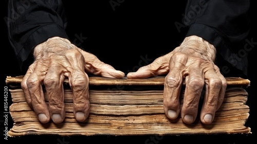  A tight shot of hands atop a wooden surface, a book situated in front