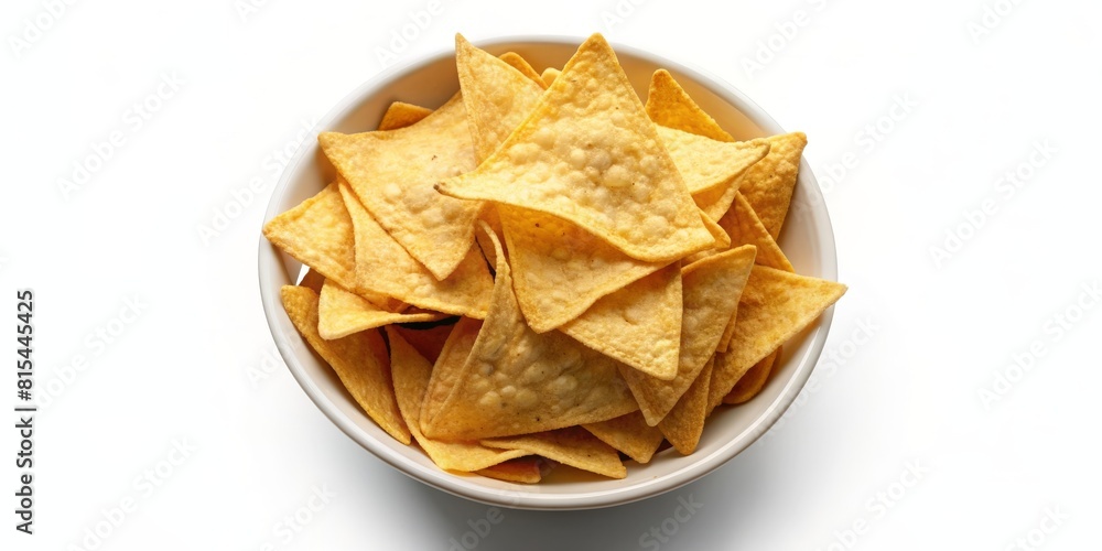 Nachos chips in a bowl on a white background, top view. AI generated Nachos chips in a bowl on a white background, top view. AI generated