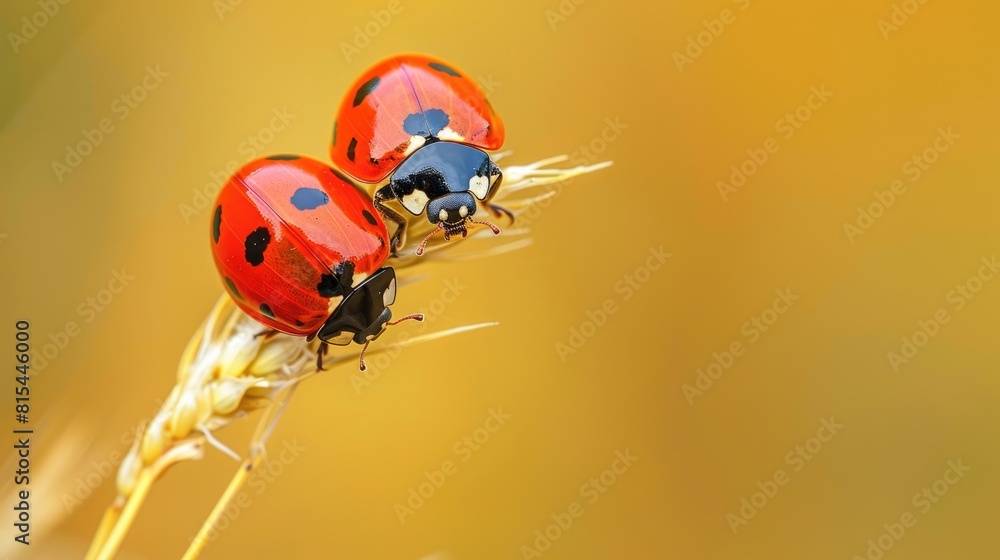 Fototapeta premium Red ladybugs A pair of seven spotted ladybugs perched on a grass stalk