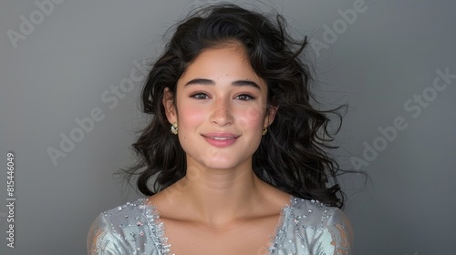  A tight shot of a woman in a dress, beaming at the camera as her hair billows in the wind