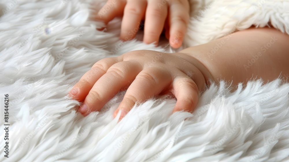 A baby's hand over soft, white blanket on a bed A baby's hand over soft, white blanket on a bed