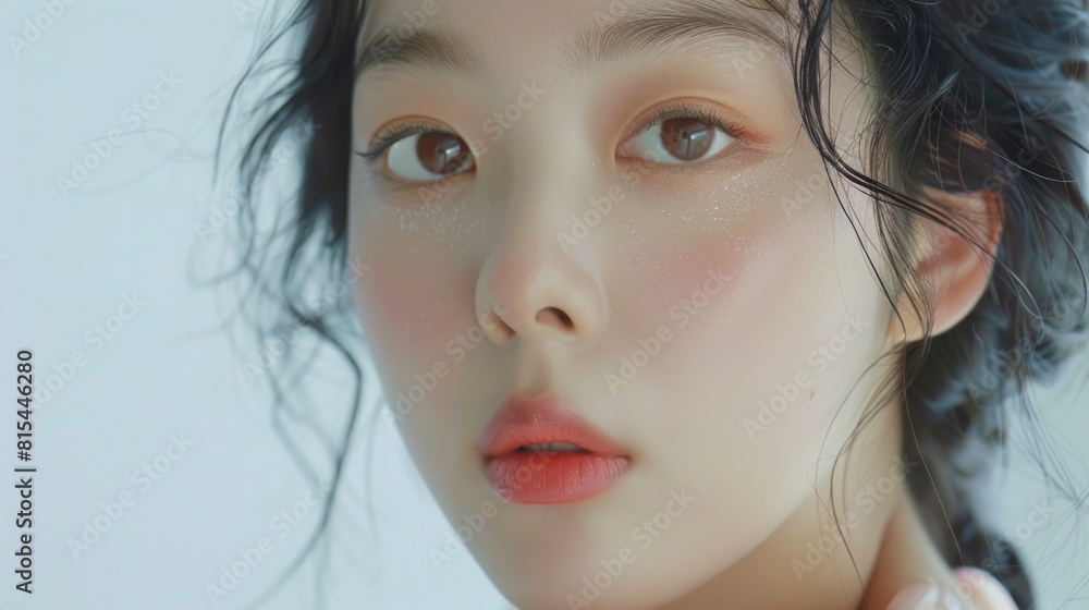 A studio shot of a beautiful young Korean woman with white skin and clean fresh skin on a white background A studio shot of a beautiful young Korean woman with white skin and clean fresh skin on a white background