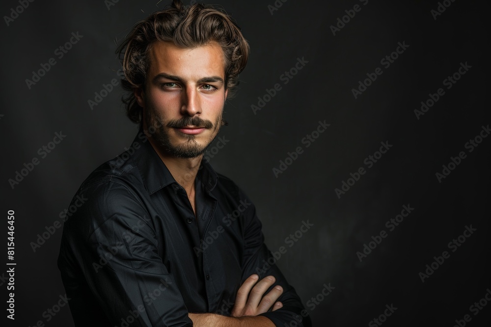 Man with Beard in Black Shirt. Generative AI. Man with Beard in Black Shirt. Generative AI.