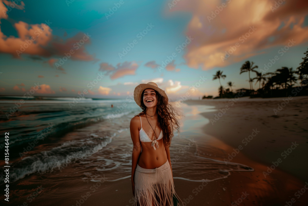 Smiling Woman at the Beach, Embracing Freedom and Nature Smiling Woman at the Beach, Embracing Freedom and Nature