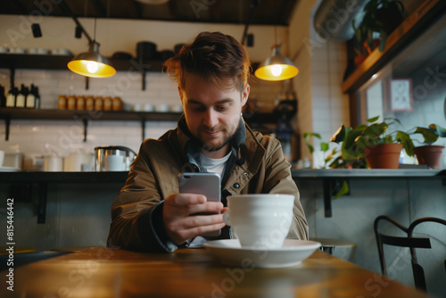 Coffee shop, business and man with smartphone, typing and texting contact for schedule and deadline. 