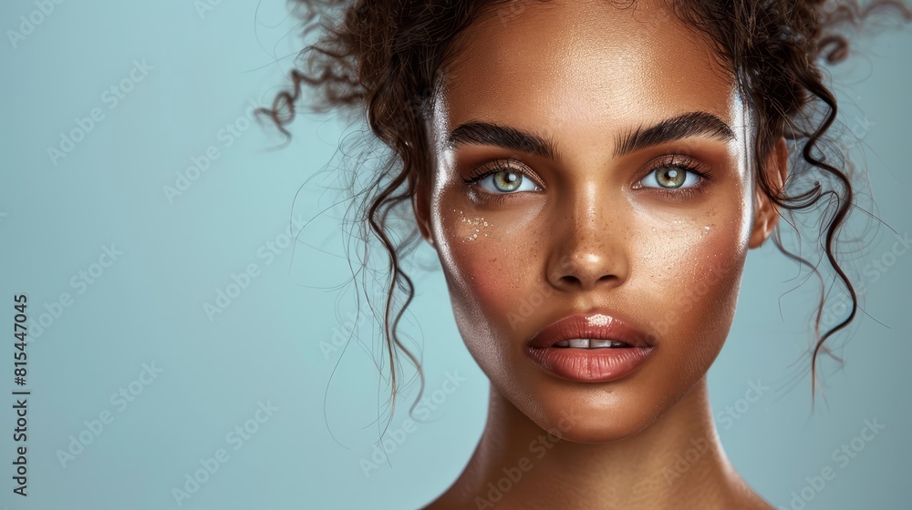 A woman's face, freckled and up-close, with blowing hair in the wind A woman's face, freckled and up-close, with blowing hair in the wind