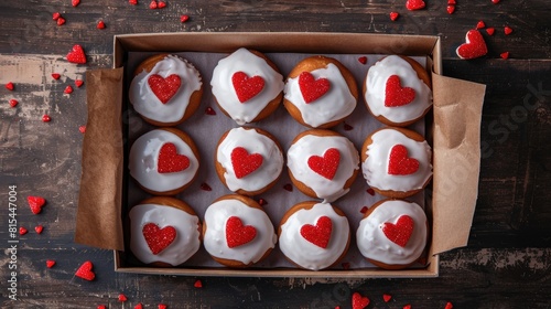 Delightful heart shaped donuts topped with white icing and red sugar candy arranged in a charming brown paper packaging Perfect for expressing love on Valentine s Day birthdays or as a thoug photo