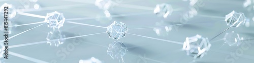A high-tech network of nodes in icy white connected by shimmering silver lines on a pale blue background