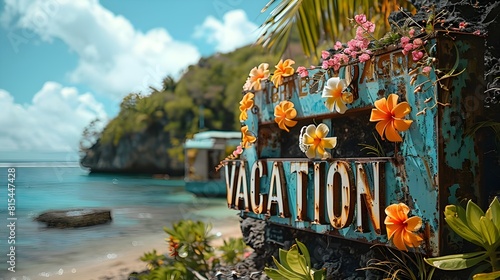 lettering  VACATION   made out of porcelain and colorful flowers  bachground beach