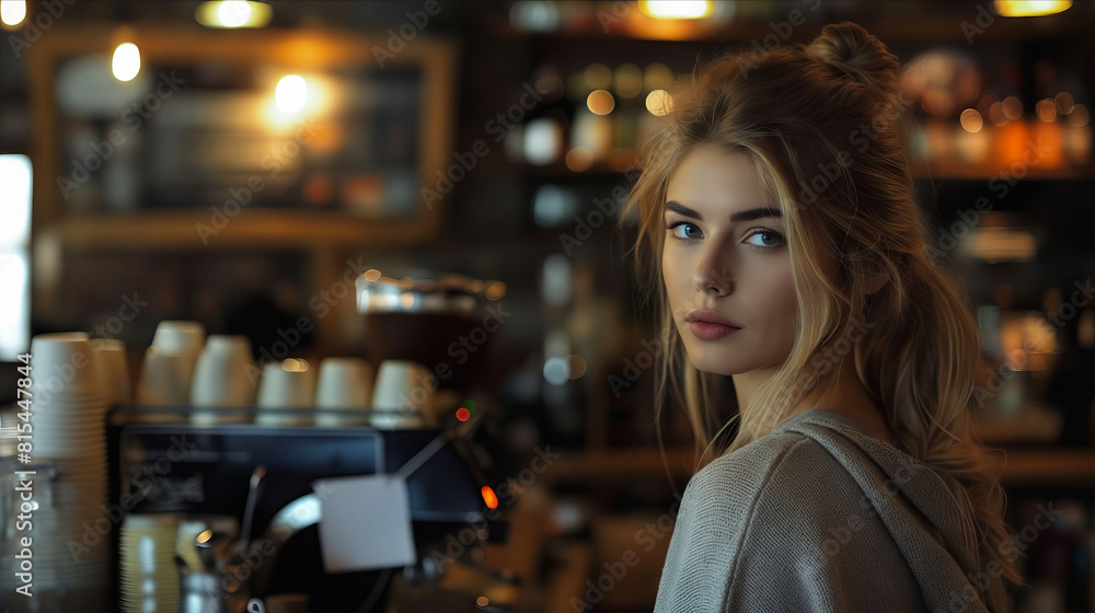 A woman standing in front of a bar. A woman standing in front of a bar.