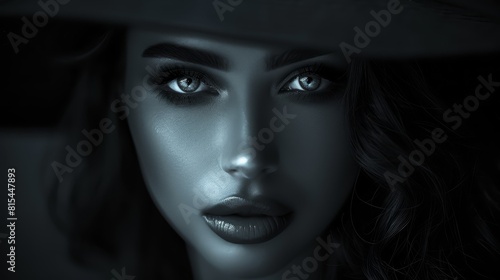  A monochrome image of a woman wearing a hat  her blue eyes are striking against the contrasting tones