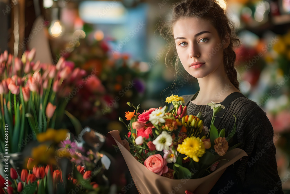 A woman holding a bouquet of flowers in a flower shop.