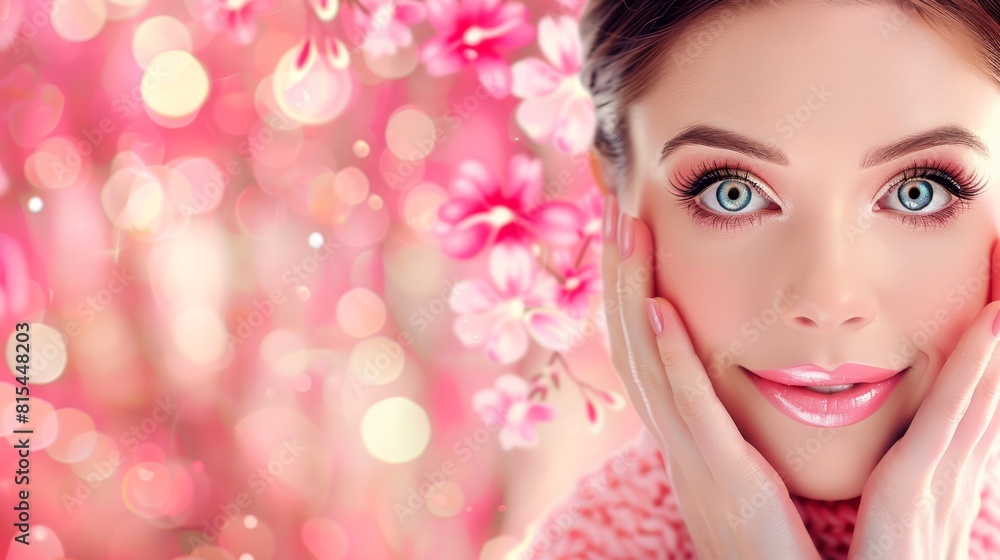 A beautiful woman with blue eyes poses for a photo, framed by pink flowers in her hair She places her hands over her face A beautiful woman with blue eyes poses for a photo, framed by pink flowers in her hair She places her hands over her face