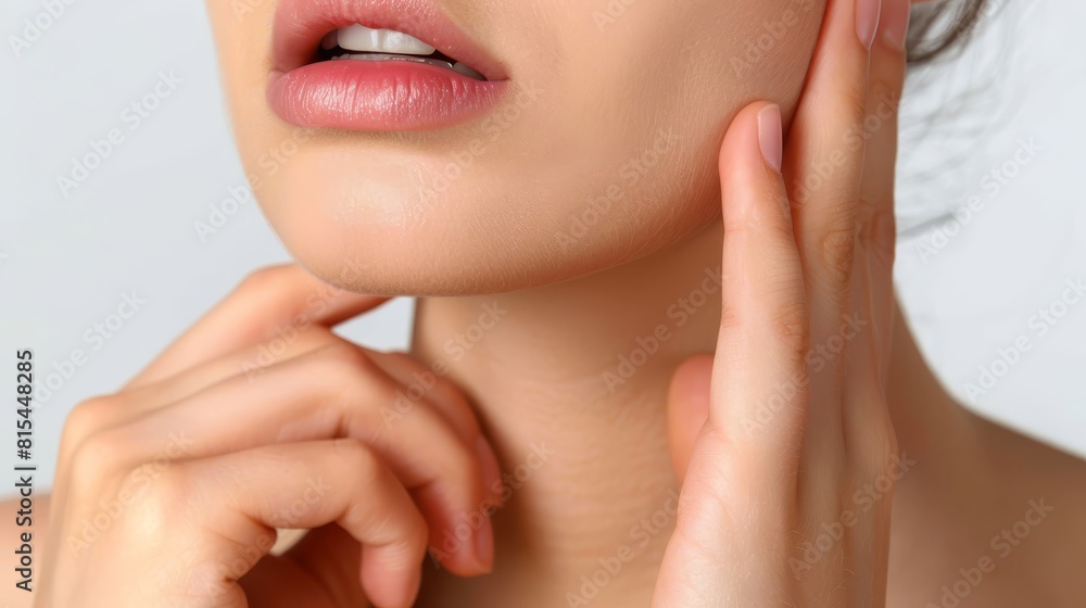 A woman closely touches her face, positioning her hand beneath her chin A woman closely touches her face, positioning her hand beneath her chin