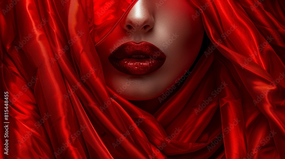 red veil covering her head, red lipstick marking her lips red veil covering her head, red lipstick marking her lips