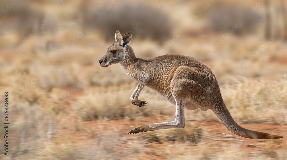 Dynamic composition of a Western Grey Kangaroo bounding across the outback, its powerful legs propelling it through the rugged terrain with grace and agility. Dynamic composition of a Western Grey Kangaroo bounding across the outback, its powerful legs propelling it through the rugged terrain with grace and agility.