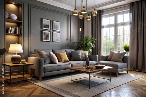living room rendering with sofa and table, living room wall background, living room background, interior background, cozy living room background, interior design background, gray and dark atmosphere © Bounpaseuth