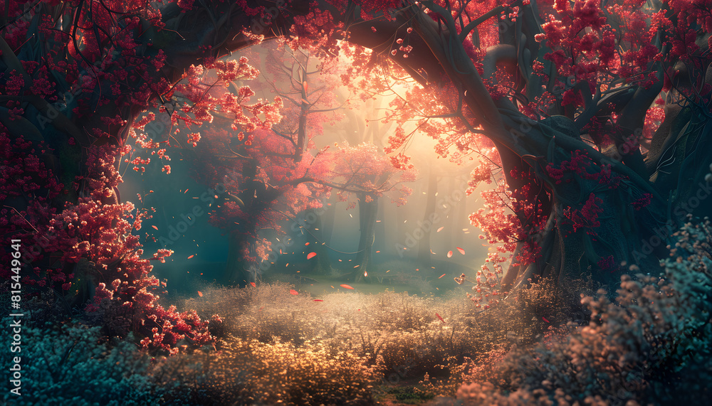 Obraz premium A beautiful enchanted landscape with a fantasy garden background and spring blooming trees, perfect for fairy tale banners and magical meadow scenes.