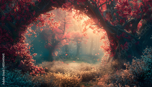 A beautiful enchanted landscape with a fantasy garden background and spring blooming trees, perfect for fairy tale banners and magical meadow scenes.