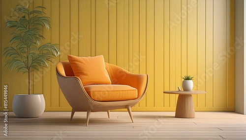Modern wooden living room with an orange armchair on empty yellow wall background Minimal room  Ai Generate
