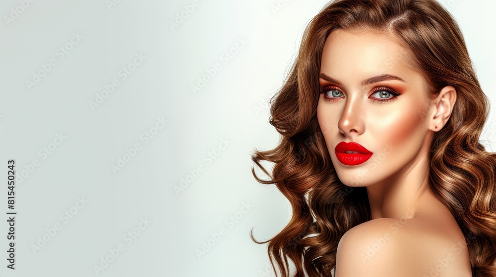 A woman with long, wavy hair and red lipstick poses with her hair in a half-up, half-down style A woman with long, wavy hair and red lipstick poses with her hair in a half-up, half-down style