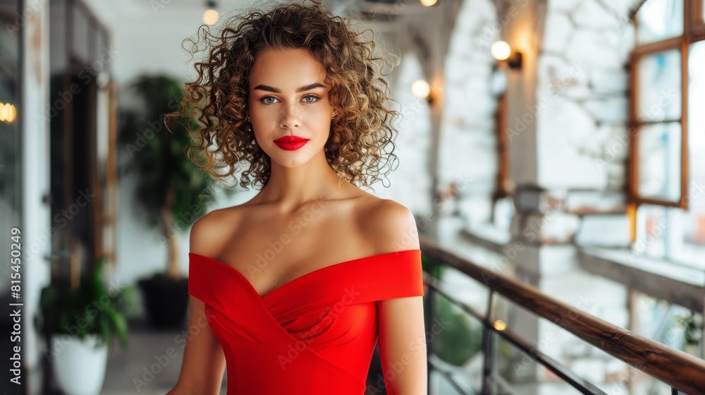 A woman in a red dress poses before a room's railing, holding a potted plant A woman in a red dress poses before a room's railing, holding a potted plant