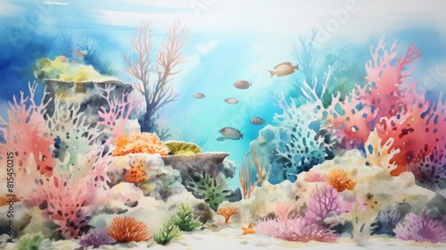 Underwater world. Coral reef and fishes in Red sea at Egypt  watercolor
