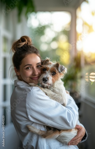 A woman is holding a dog in her arms