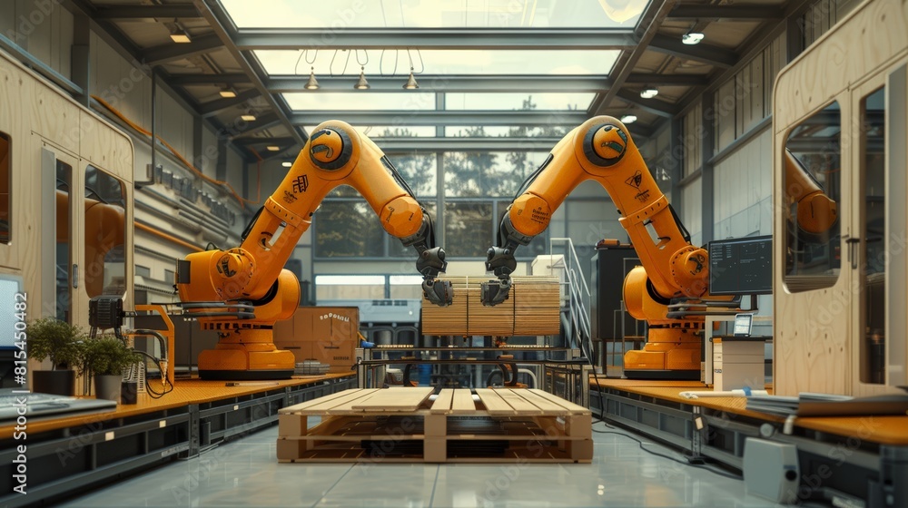 Two robots are in a factory, one of which is yellow Two robots are in a factory, one of which is yellow